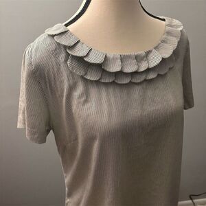 Jaclyn Smith Women's Striped Scalloped Top Gray Short Sleeve Blouse Size M